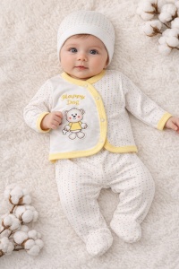 Set nou nascut 3 piese bumbac alb galben ursulet body pantaloni caciulita unisex