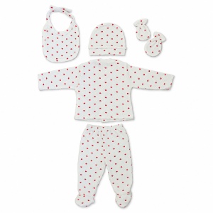 Set nou nascut 5 piese alb cu inimioare rosii, bluzita, pantaloni cu botosei, caciulita, baveta si manusi - Img 5