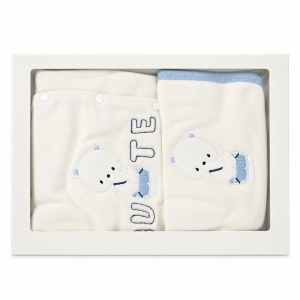 Set nou-nascut 5 piese bumbac alb si bleu cu ursulet Cute si pantaloni cu botosei integrati - Img 4