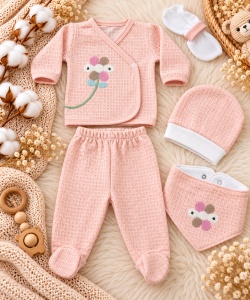 Set nou nascut 5 piese bumbac organic roz cu floricica, pantaloni cu botosei integrati