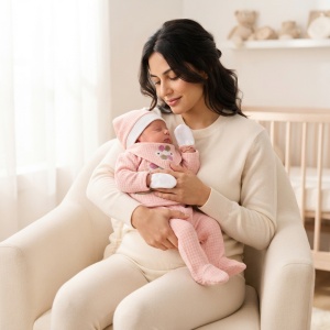 Set nou nascut 5 piese bumbac organic roz cu floricica, pantaloni cu botosei integrati - Img 2