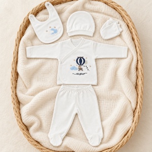 Set nou nascut 5 piese din bumbac alb cu balon cu aer cald, bluza petrecuta si botosei integrati - Img 3