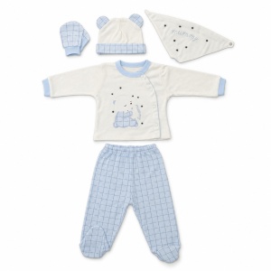 Set nou-nascut 5 piese din bumbac alb si bleu cu ursulet Mummy si pantaloni cu botosei integrati - Img 4