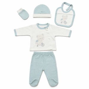 Set nou-nascut 5 piese din bumbac alb si bleu cu ursulet pe bicicleta, pantaloni cu botosei - Img 3
