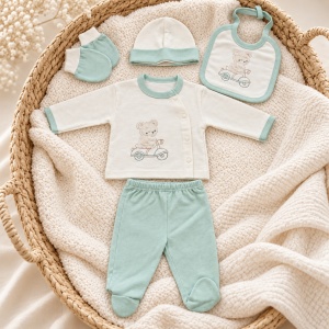 Set nou-nascut 5 piese din bumbac alb si verde menta cu ursulet pe scuter si pantaloni cu botosei