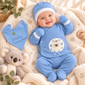 Set nou-nascut 5 piese din bumbac, bluza, pantaloni cu botosei, caciulita, manusi si baveta, Koala, bleu