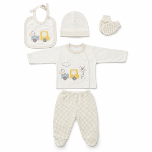 Set nou-nascut 5 piese din bumbac crem cu tractor, pantaloni cu botosei integrati - Img 3