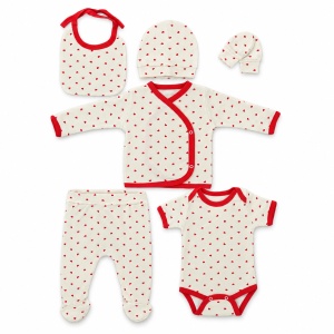 Set nou nascut 7 piese din bumbac crem cu inimioare rosii, paturica, body si pantaloni - Img 5
