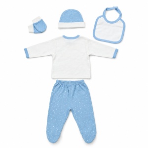 Set nou-nascut baiat 5 piese din bumbac alb si bleu cu masinuta, pantaloni cu botosei - Img 5