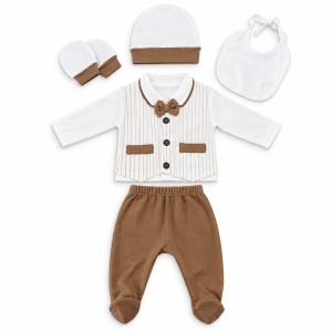 Set nou nascut baiat 5 piese din bumbac alb si maro cu papion si pantaloni cu botosei - Img 2