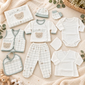 Set nou nascut baietel 10 piese din bumbac, alb si verde menta, model ursulet MAN
