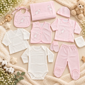Set nou nascut fete 10 piese bumbac roz cu buburuza, paturica, body si accesorii