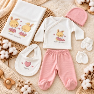 Set nou nascut fete 7 piese bumbac roz alb cu iepurasi, paturica, pantaloni si accesorii