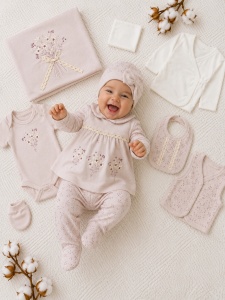 Set nou nascut fetita 10 piese 100% bumbac, lila pudrat, floral, paturica inclusa - Img 2