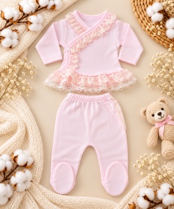 Set nou nascut fetita 10 piese bumbac, roz, dantela, paturica, body, salopeta si accesorii - Img 2
