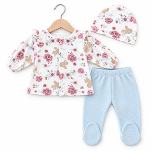 Set nou nascut fetita 10 piese din bumbac, bleu cu imprimeu floral si veverite - Img 3