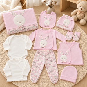 Set nou nascut fetita 10 piese din bumbac, hainute bebe cu iepuras, roz-alb, cu accesorii