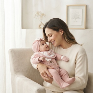 Set nou-nascut fetita 5 piese bumbac, roz pudrat cu floricele, fundite si botosei integrati - Img 2