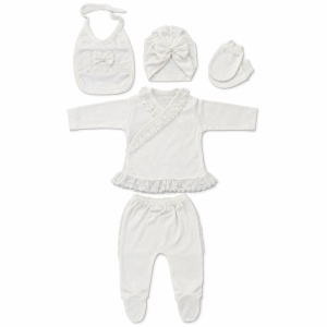 Set nou nascut fetita 5 piese din bumbac alb cu dantela, turban si botosei integrati - Img 4