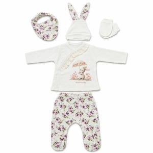 Set nou nascut fetita 5 piese din bumbac, crem cu imprimeu floral mov si iepuras, pantaloni cu botosei - Img 3
