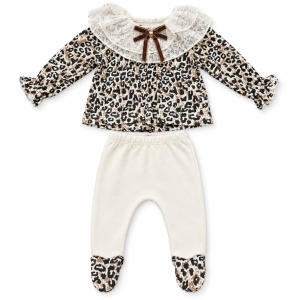 Set nou nascut fetita 5 piese din bumbac crem cu imprimeu leopard si dantela - Img 5