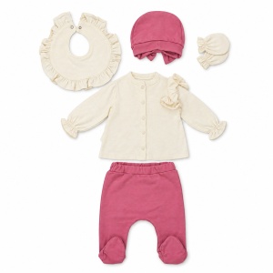 Set nou nascut fetita 5 piese din bumbac, crem si roz ciclam, cu volane si flori - Img 4