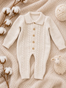 Set premium pentru bebe din lana de oaie 4 piese cu port-bebe si salopeta tricotata crem, prezentare in decor