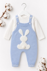Set salopeta tricotata bleu cu iepuras si bluza crem pentru bebelusi din acril - Img 3