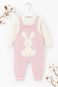 Set salopeta tricotata roz cu iepuras si bluza crem pentru bebelusi din acril premium - Img 3