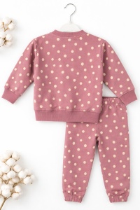 Set trening fete 3 piese roz prafuit cu buline jacheta bluza pantaloni - Img 4