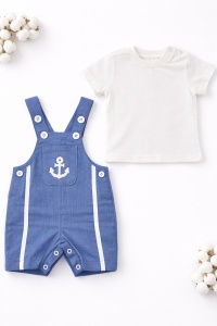 Set vara bebe 2 piese salopeta cu bretele si tricou bumbac model marin - Img 2