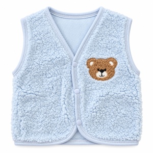 Vesta bebe bleu din material teddy cu ursulet, fotografie de produs pe fundal alb
