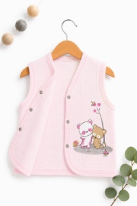 Vesta bebe roz din bumbac cu imprimeu animale si inchidere capse - Img 3