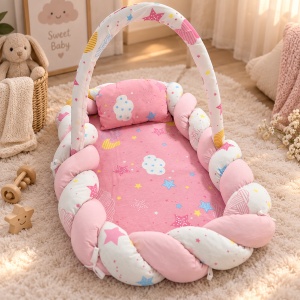Baby nest cu baldachin 60x80 cm si pernuta, roz, model Stelute si Norisori, pentru nou nascuti - Img 2
