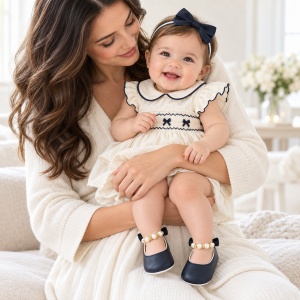 Balerini bebe fetite bleumarin cu perle, fundita si talpa moale