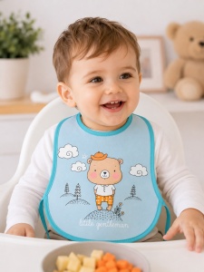 Bavetica bebe impermeabila bleu cu ursulet pentru hranire diversificare anti pata