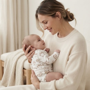 Body bebe alb cu maneca lunga si imprimeu ursuleti, fotografie lifestyle