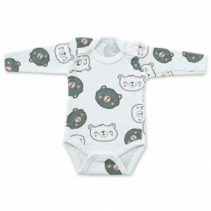 Body bebe alb din bumbac cu ursuleti verde inchis, maneca lunga si capse pe umeri - Img 3