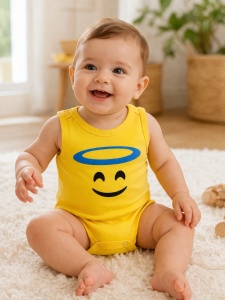 Body bebe galben bumbac fara maneci imprimeu emoji inger halo