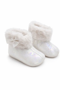 Cizmulite bebe albe cu blanita, funda decorativa si efect sidefat, talpa moale - Img 4
