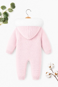 Combinezon tricotat imblanit bebe fetita roz cu gluga imblanita, salopeta de iarna premium - Img 4