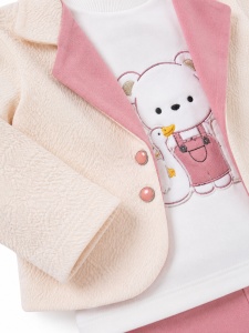 Compleu 3 piese bebe fetite roz cu sacou teddy, bluza cu ursulet si pantaloni - Img 6