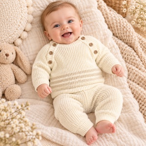 Compleu bebe 4 piese din lana naturala, pulover, pantaloni, body si caciulita, crem - Img 2