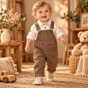 Compleu bebe baiat 2 piese din bumbac cu salopeta maro si camasa crem