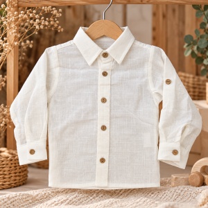Compleu bebe baiat 2 piese, salopeta denim albastra cu bretele si camasa crem - Img 5