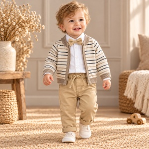Compleu bebe baiat 4 piese, camasa, cardigan tricotat, pantaloni si papion, bej