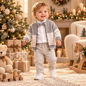 Compleu bebe baiat 4 piese, camasa, cardigan tricotat, pantaloni si papion, gri