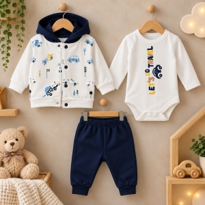 Compleu bebe baiat bumbac 3 piese cu masinute bleumarin jacheta body si pantaloni - Img 2