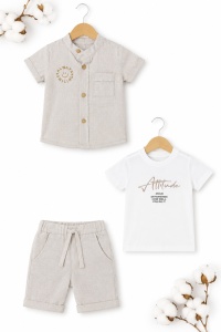 Compleu bebe baieti 3 piese din muselina gri cu tricou alb attitude - Img 3