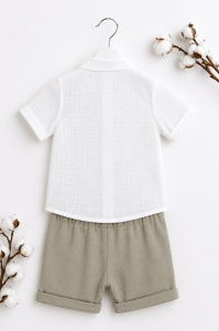 Compleu bebe baieti din muselina cu camasa alba si pantaloni scurti verzi - Img 3